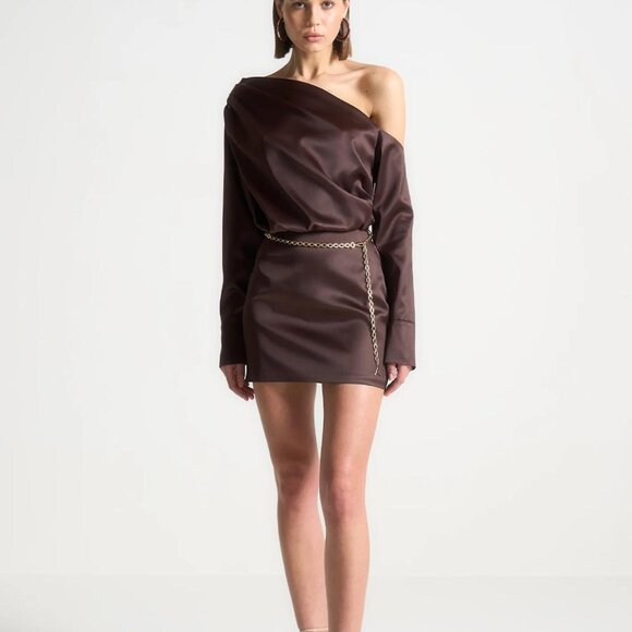 NEW Manière De Voir Dark Chocolate Brown Off Shoulder Satin Dress Size 42/ US 10 - Picture 1 of 11